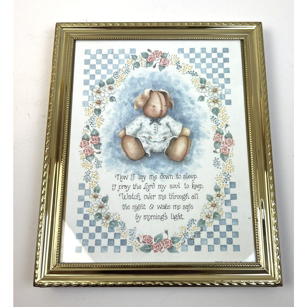 Nursery Nighttime Prayer Framed 9 x 11 Bunny Rabbit Blue Pink Baby Gift